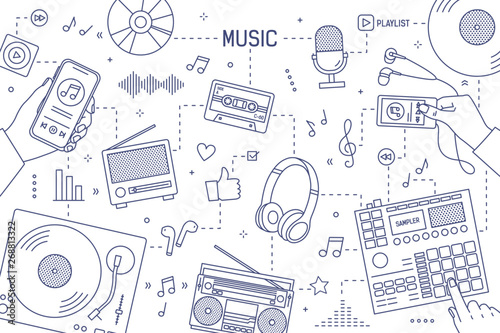 Monochrome horizontal banner template with hands and devices for music playing, recording and listening drawn with contour lines on white background