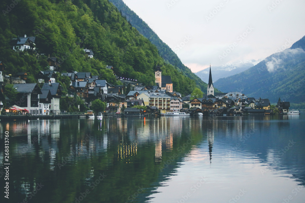 Summer landscape panorama picture of the famous Hallstatt mountain village in the Austrian Alps