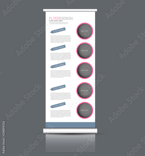 Roll up banner stand template. Abstract background for design, business, education, advertisement. Vector illustration. Pink and grey color.