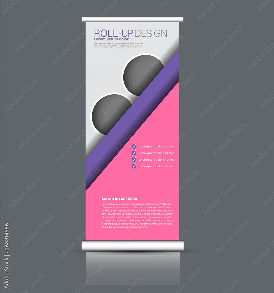 Roll up stand design. Vertical banner template. Vector illustration. Pink and purple color. Roll up stand design. Vertical banner template. Vector illustration. Pink and purple color.