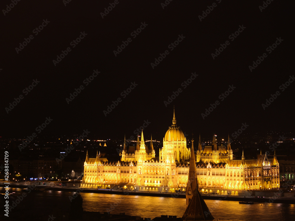 Hungarian Parliament Building lit up at night - Budapest, Hungary 