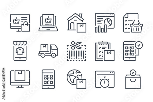 Online retail and marketing related line icons. Shopping and e-commerce vector linear icon set.