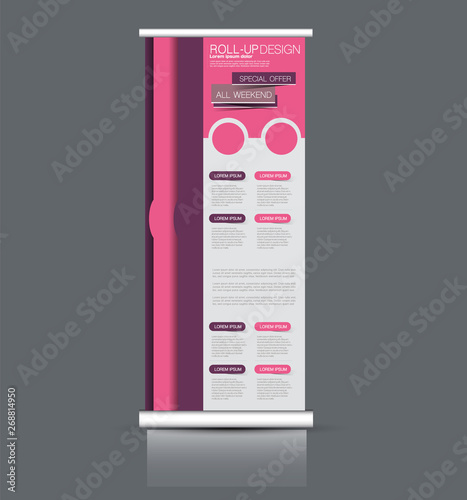 Roll up stand design. Vertical banner template. Vector illustration. Pink color.