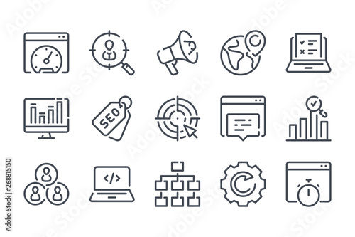 Search Engine Optimization related line icons. Business and marketing vector linear icon set.