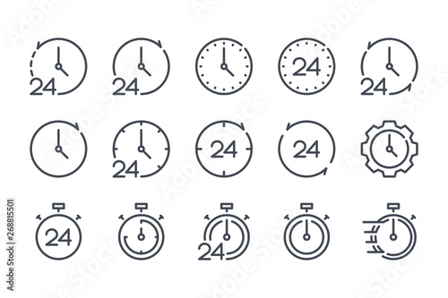 Clock and time related line icons.  Watch and stopwatch vector linear icon set.