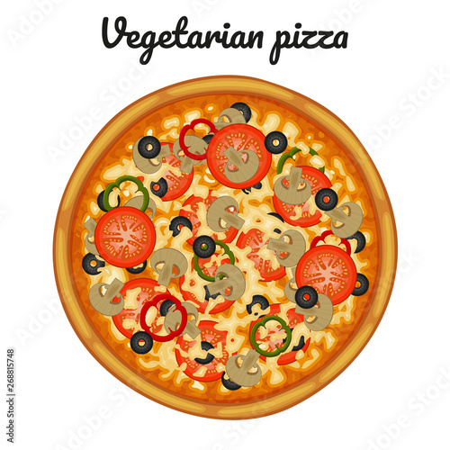 Vegetarian pizza with mushrooms, tomatoes, peppers and olives. Object for packaging, advertisements, menu. Isolated on white. Vector illustration. Cartoon.