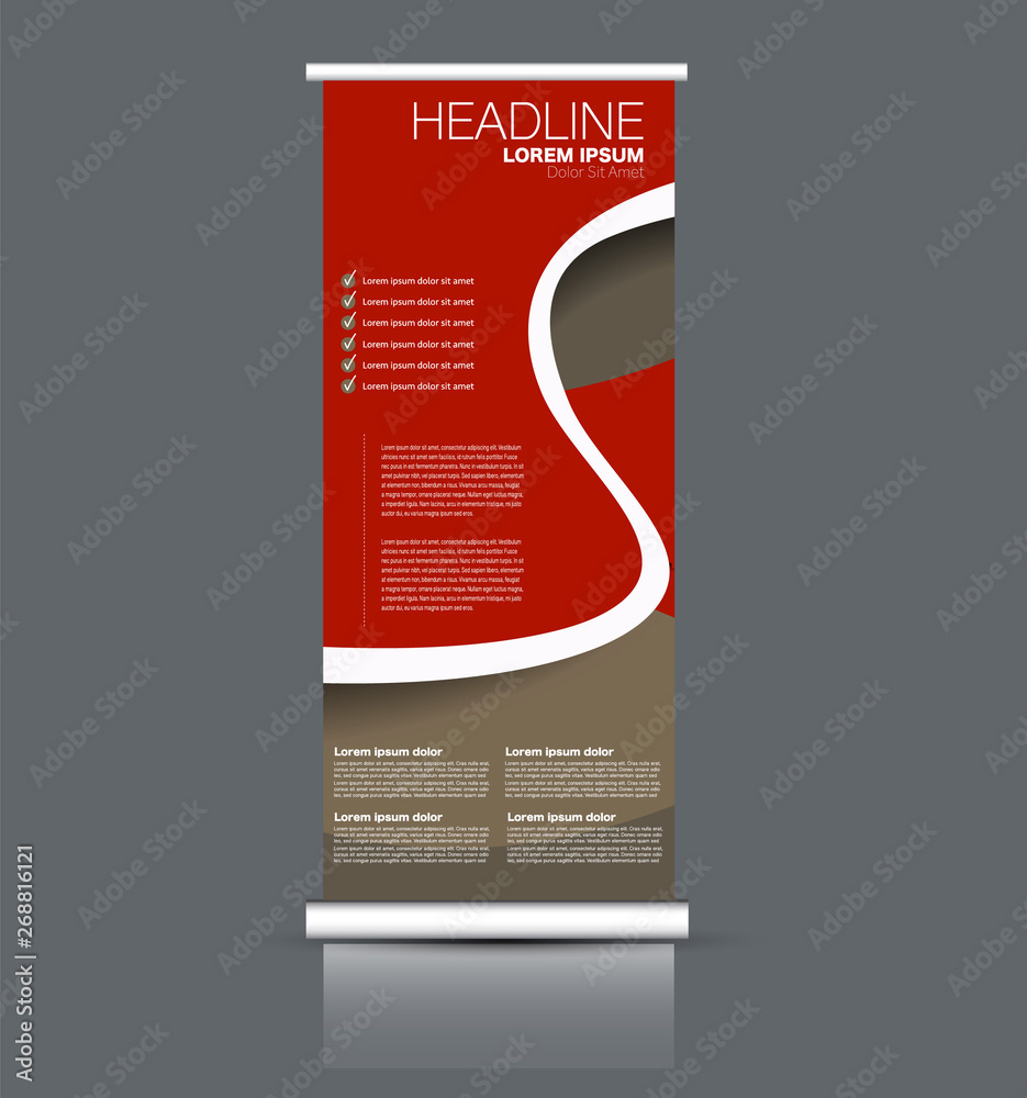 Fototapeta premium Roll up stand design. Vertical banner template. Vector illustration. Brown and red color.