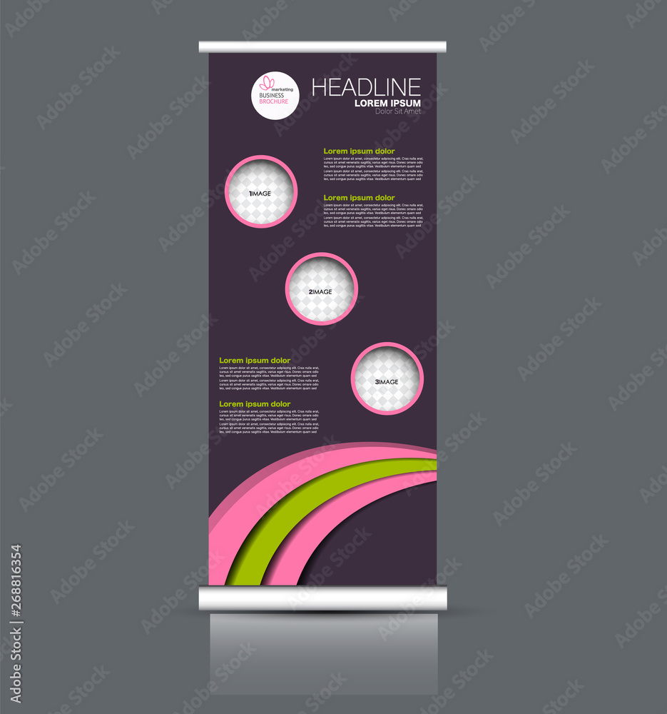 Fototapeta premium Roll up stand design. Vertical banner template. Vector illustration. Purple, pink, and green color.