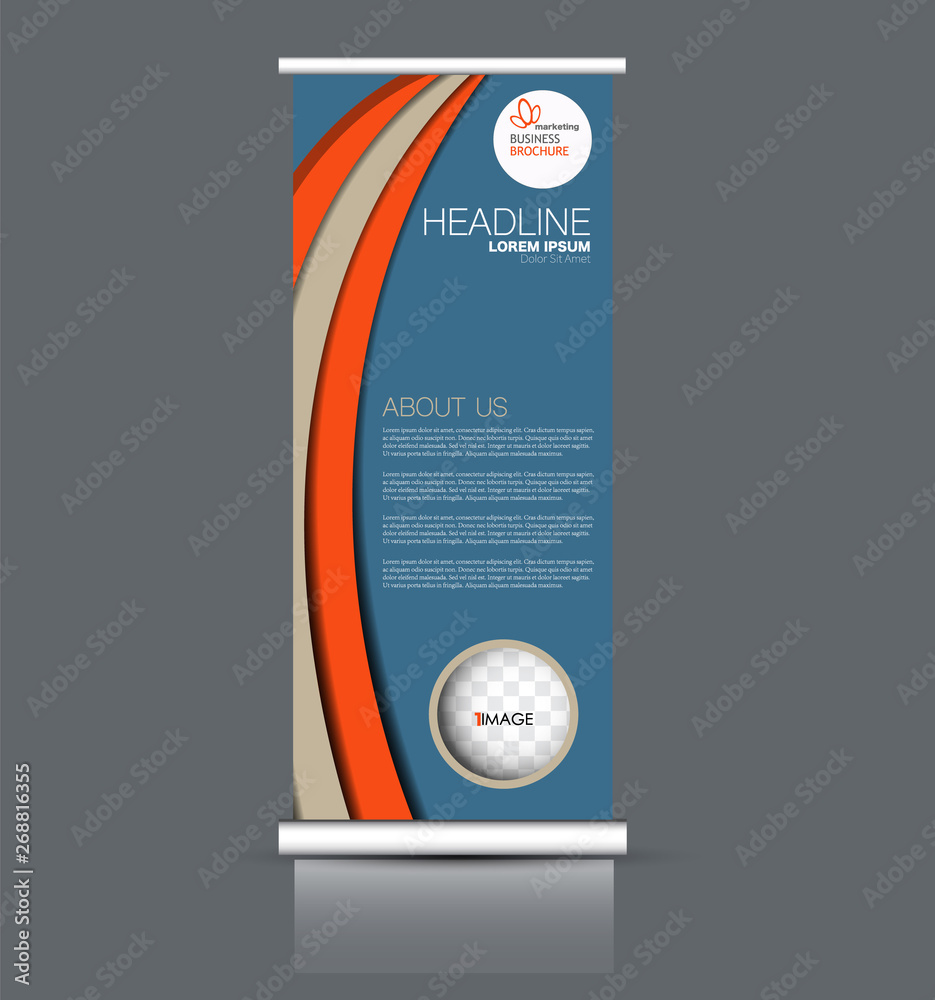 Fototapeta premium Roll up stand design. Vertical banner template. Vector illustration. Blue, brown, and orange color.