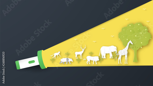 Wildlife animals with manipulation concept. Minimalism deign in paper cut and craft style. Art digitalcraft for world environment day.