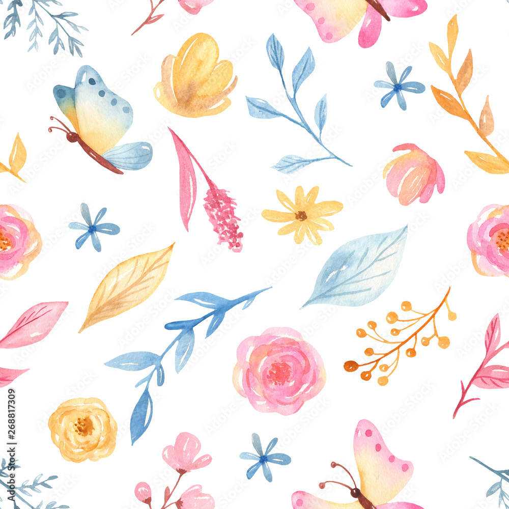 Vegetation and butterflies in watercolor style