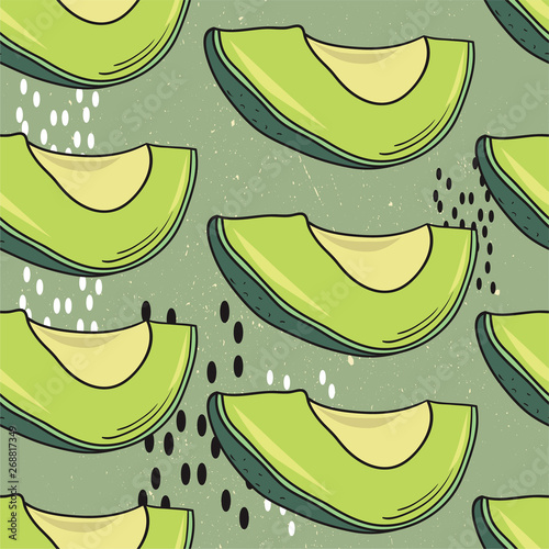 Seamless pattern with fresh avocado, hand drawn backdrop, print. Colorful illustration, raw food vector. Overlapping background with fruits. Decorative wallpaper, good for printing