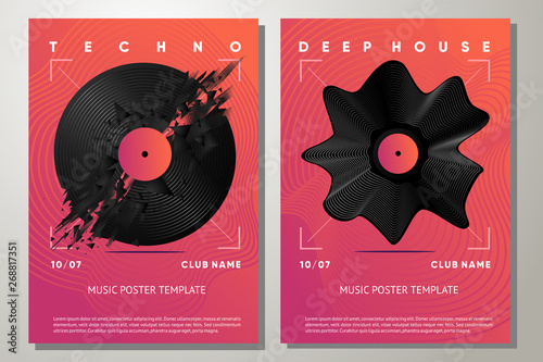 Electro party poster with vinyl record. Music festival flyer template with abstract element. Night club vector background.