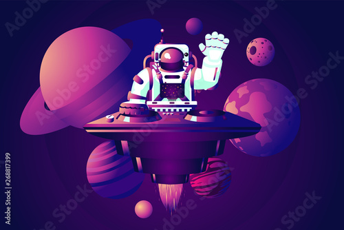 Universe party. DJ astronaut. Music dance event. Vector illustration with spaceman.