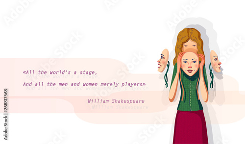 Girl and masks of faces. Conceptual illustration with various emotions. Life is a theater. All people pretend and lie..
