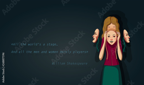 Girl and masks of faces. Conceptual illustration with various emotions. Life is a theater. All people pretend and lie..
