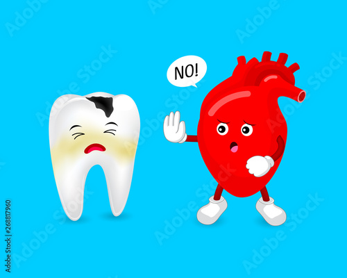 Cartoon decay tooth character with human heart. Oral health and heart disease are connected. Vector Illustration design isolated on blue background.