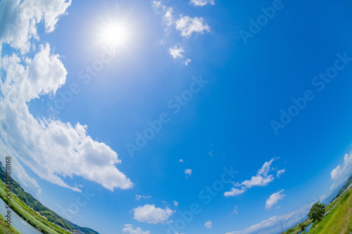 Fototapeta Naklejka Na Ścianę i Meble -  初夏の青空　魚眼レンズ　広角