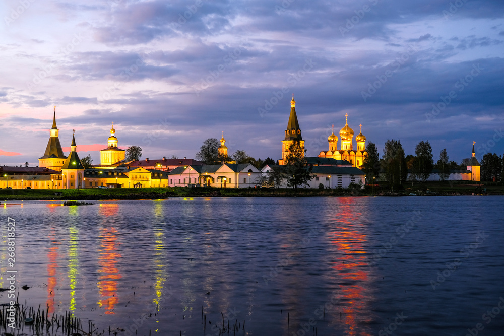 Panorama of the Iversky Monastery in Valdai in Russia at sunset