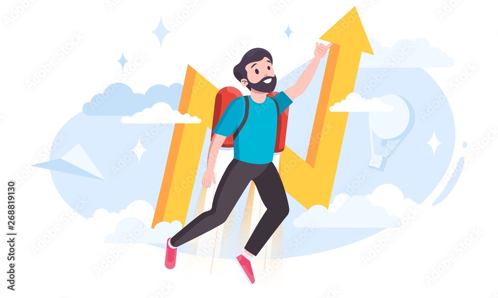 Young bearded man flying up in the sky with innovative jetpack. Inventor trying out experimental model. Reactive startup business. Bold arrow going up after decrease. Technology progress.