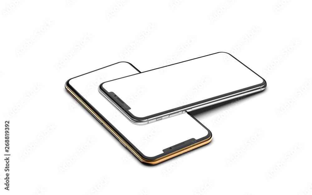 Gold and silver smartphones with blank screen, isolated on white background. Gold and silver smartphones with blank screen, isolated on white background.