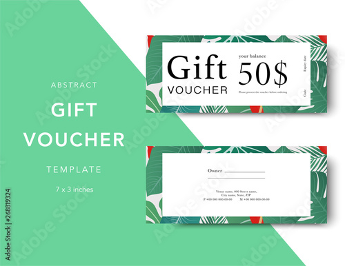 Gift voucher card template. Modern discount coupon for shopping with floral pattern. Modern fashion background design with information sample text. Coupon template for gift and shopping.