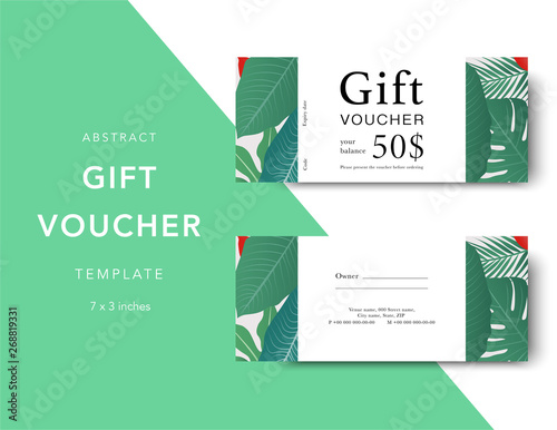 Gift voucher card template. Modern discount coupon for shopping with floral pattern. Modern fashion background design with information sample text. Coupon template for gift and shopping.