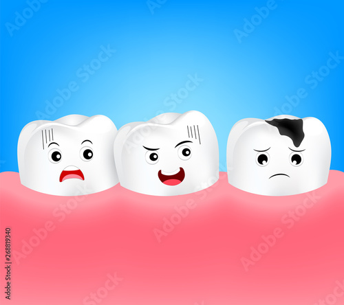 Scary cartoon decay tooth character. Dental care concept. Illustration isolated on blue background.
