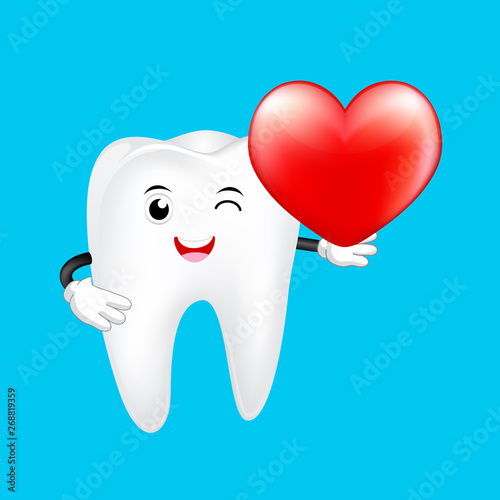 Cute cartoon tooth character holding heart. Health care concept. Oral health and heart disease are connected. Illustration isolated on blue background.