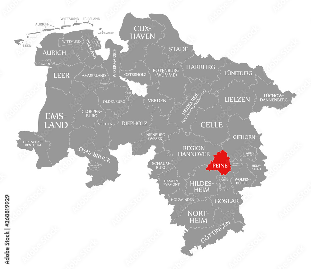 Fototapeta premium Peine county red highlighted in map of Lower Saxony Germany