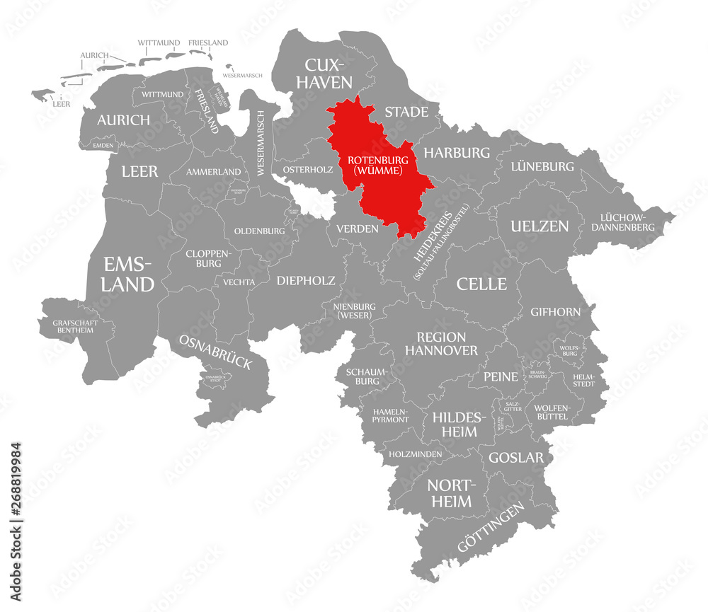 Obraz premium Rotenburg county red highlighted in map of Lower Saxony Germany