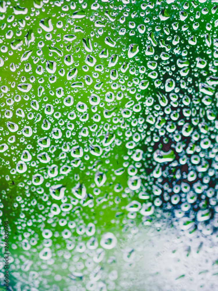 Rain drops on glass. Silhouettes of green water drops on a transparent surface.
