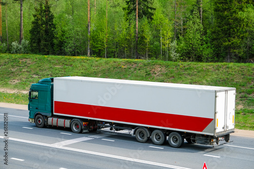 Tver region, Russia - May, 15, 2019: truck on a highway M-10 in Tver region, Russia