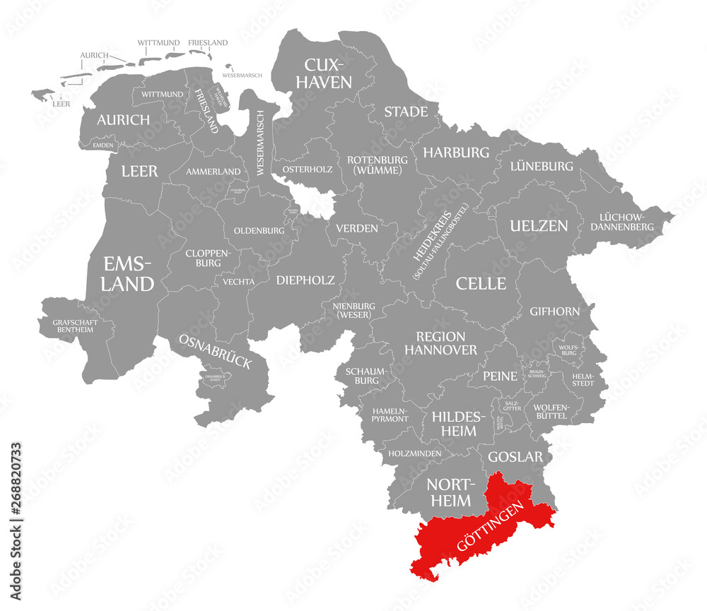 Goettingen county red highlighted in map of Lower Saxony Germany