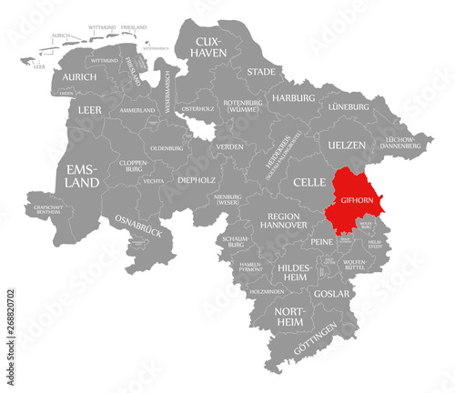 Gifhorn county red highlighted in map of Lower Saxony Germany