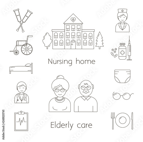 Nursing home modern vector linear icons set. Senior care icons.