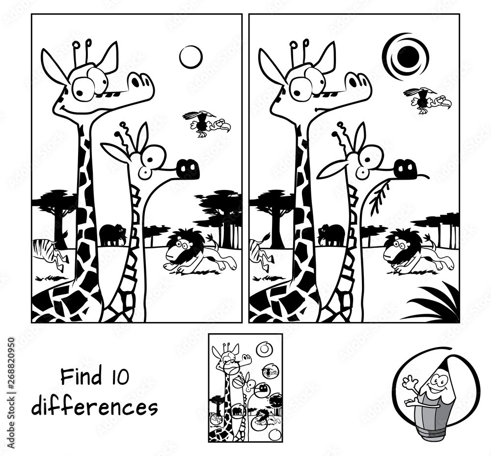 Wild animals in african savannah. Find 10 differences. Educational ...