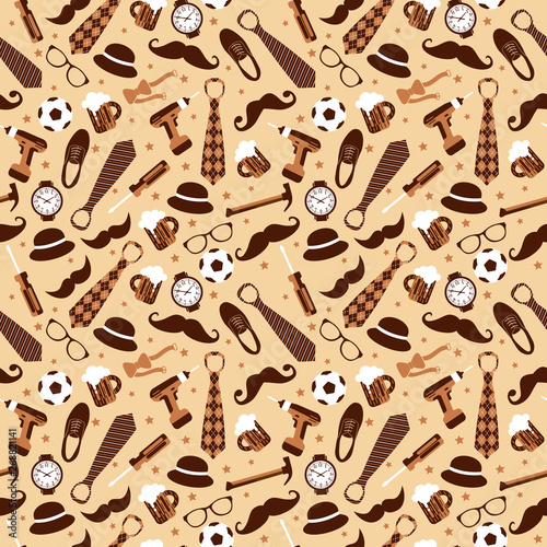 Seamless pattern of Fathers day. Flat set icons on beige background.