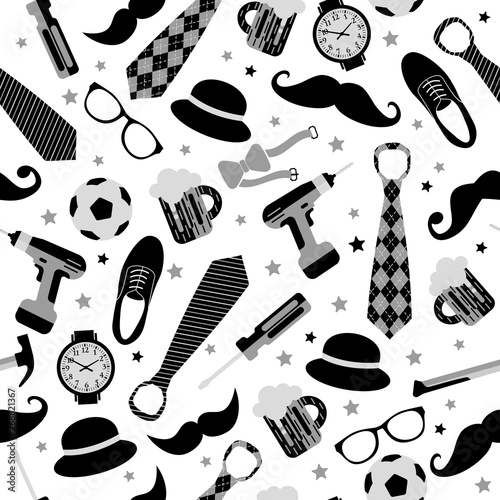 Seamless pattern of Fathers day. Flat set icons on white background.