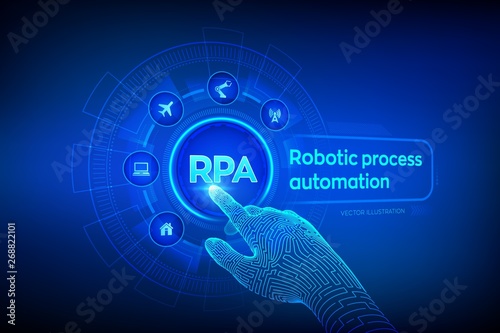 RPA Robotic process automation innovation technology concept on virtual screen. Wireframed robotic hand touching digital graph interface. AI. Artificial intelligence. Vector illustration.