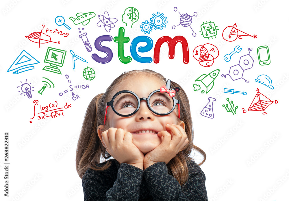 STEM word and doodles above beautiful cute little girl. modern education concept - obrazy, fototapety, plakaty 