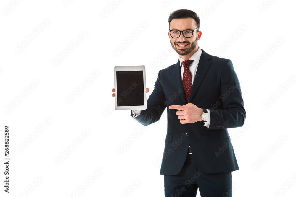 smiling businessman pointing with finger at digital tablet with blank screen isolated on white smiling businessman pointing with finger at digital tablet with blank screen isolated on white