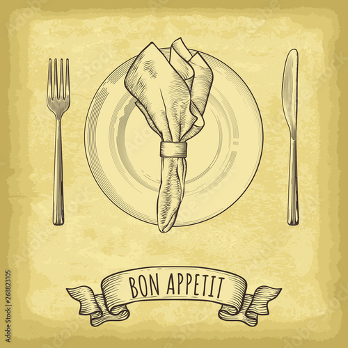 Hand drawn plate, napkin, fork and knife. Ribbon banner with Bon Appetit lettering. Engraved style vector illustration. Elements for your design works.
