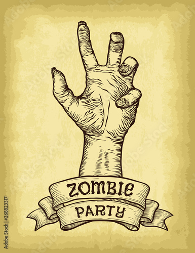 Hand drawn zombie hand and ribbon banner on old craft paper texture background. Template for your design works. Engraved style vector illustration.