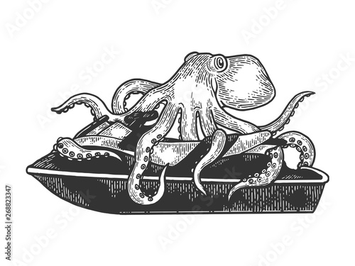 Octopus on jetski water bike sketch engraving vector illustration. Scratch board style imitation. Black and white hand drawn image.