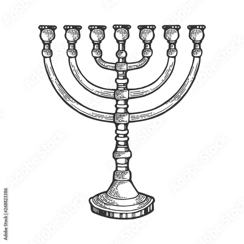 Menorah ancient Hebrew lampstand religion symbol line art sketch engraving vector illustration. Scratch board style imitation. Hand drawn image.