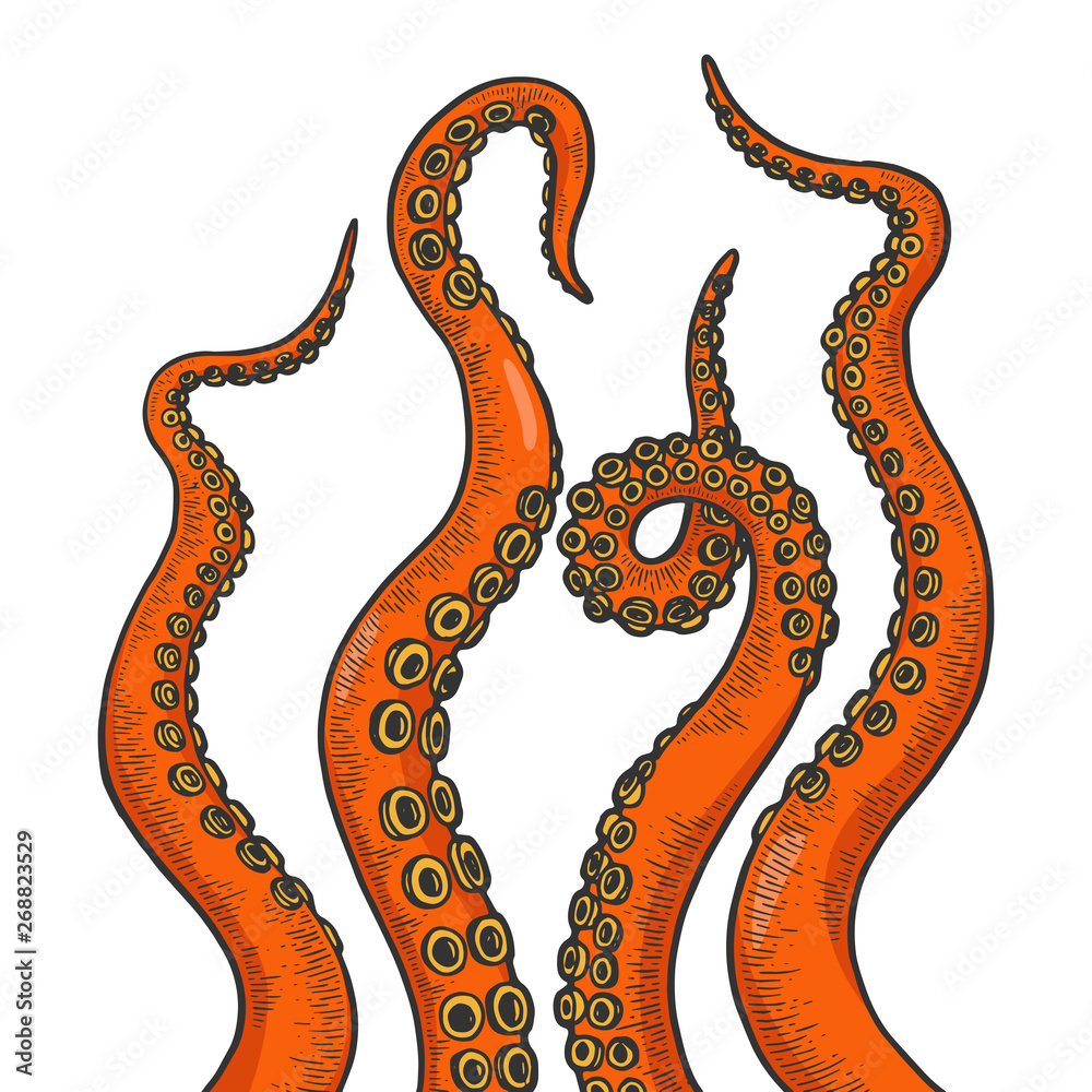 Octopus tentacle set color sketch line art engraving vector illustration.  Scratch board style imitation. Black and white hand drawn image. Stock  Vector