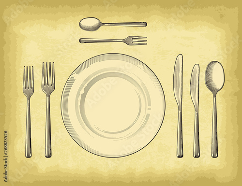 Hand drawn plate spoons, forks and knifes on old craft paper texture background. Engraved style vector illustration. Elements for your design works.