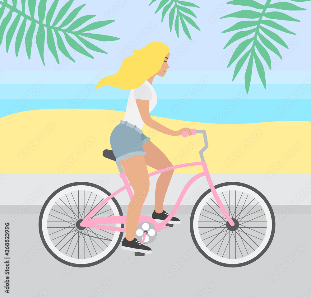 Vector flat cartoon blond girl riding a vintage cruise pink bicycle on city beach with palm leaves 