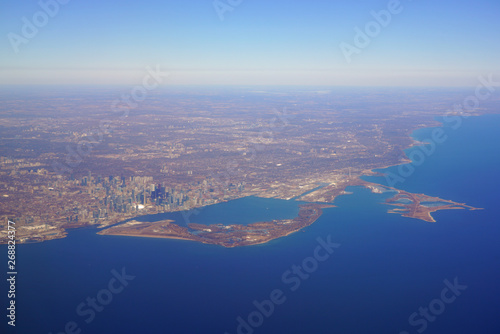 Photography Aerial landscape view of the city of Toronto skyline and Lake Ontario in Ontario